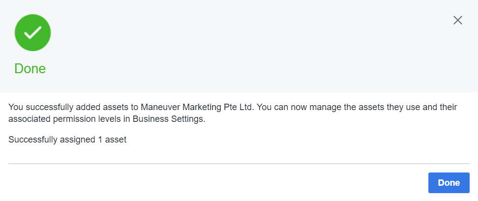 Added Assets To Facebook Partner Successfully