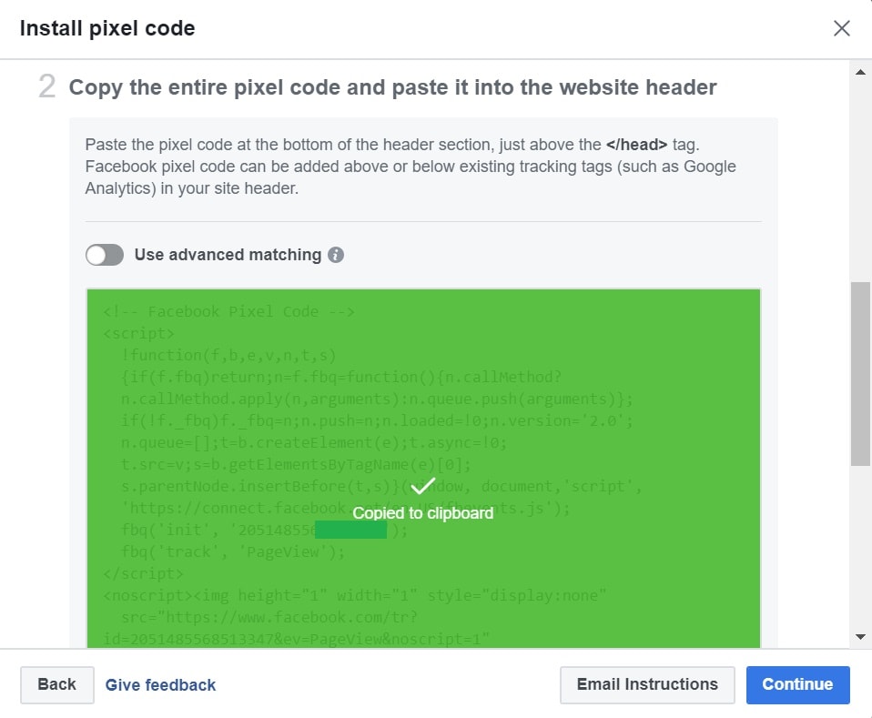 Copied Facebook Pixel Code