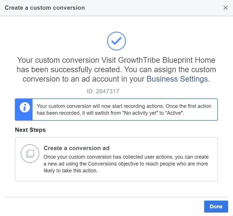 Created Facebook Custom Conversion