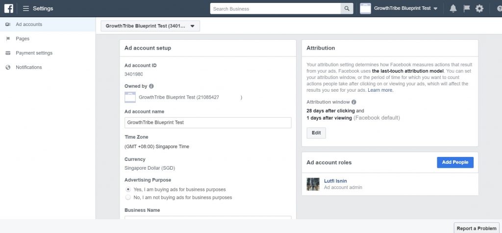 Facebook Ad Account Set Up Page