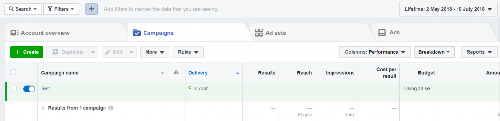 Facebook Ads Manager Example 1