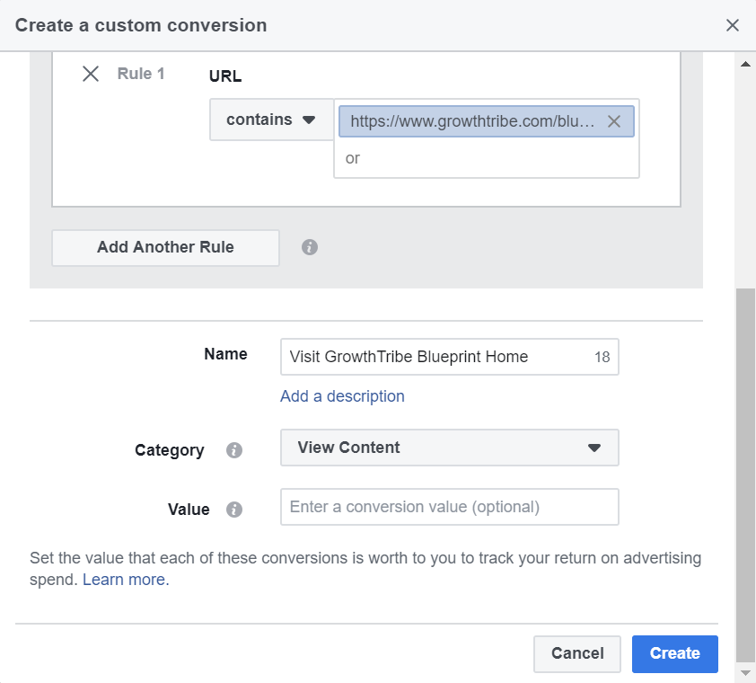 Facebook Custom Conversion Details