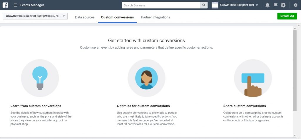 Facebook Custom Conversions Page