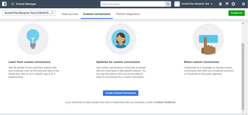 Facebook Custom Conversions Page
