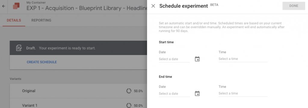 Google Optimize Schedule Experiment