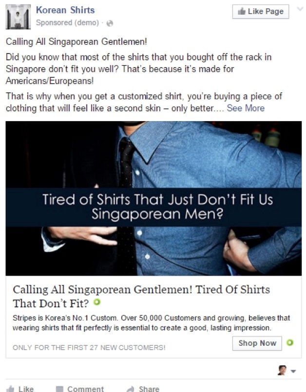 Korean Shirts Diagnosing Facebook Ad Example