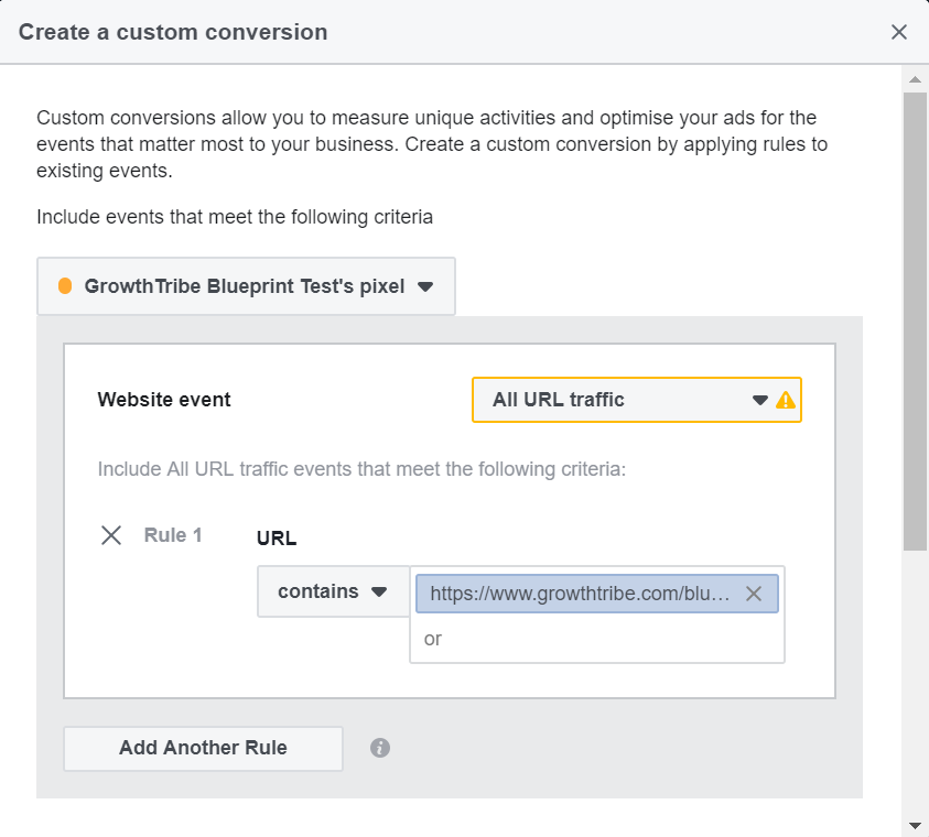 Page URL For Facebook Custom Conversion