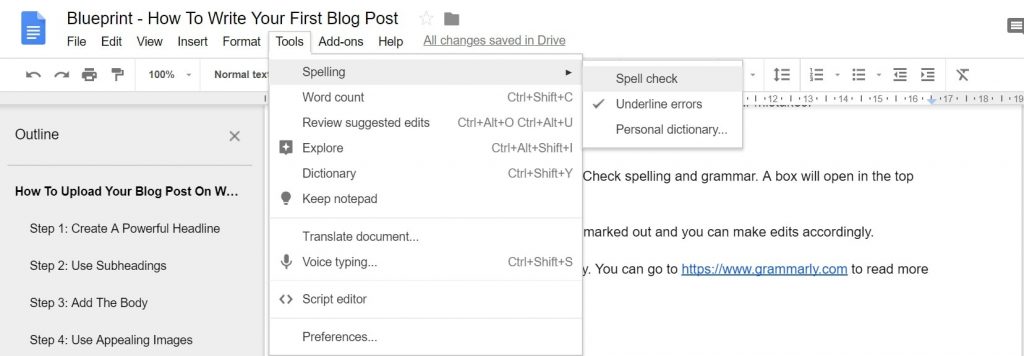 Google Docs Spelling Tool